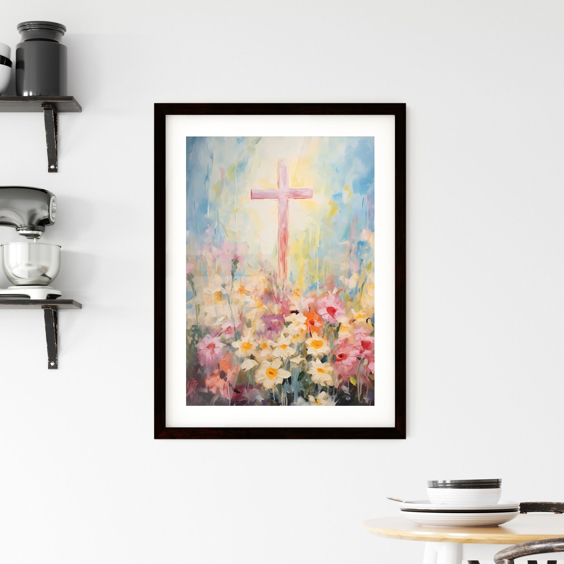 A Poster of a painting of a cross - A Painting Of A Cross In A Field Of Flowers Default Title