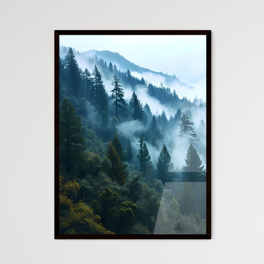 A Poster of tree mountain forest near mist - - Framed Art Print