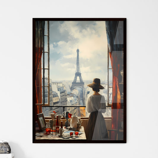 A Poster of if Picasso was a photographer - A Woman Looking Out A Window At The Eiffel Tower Framed Art
