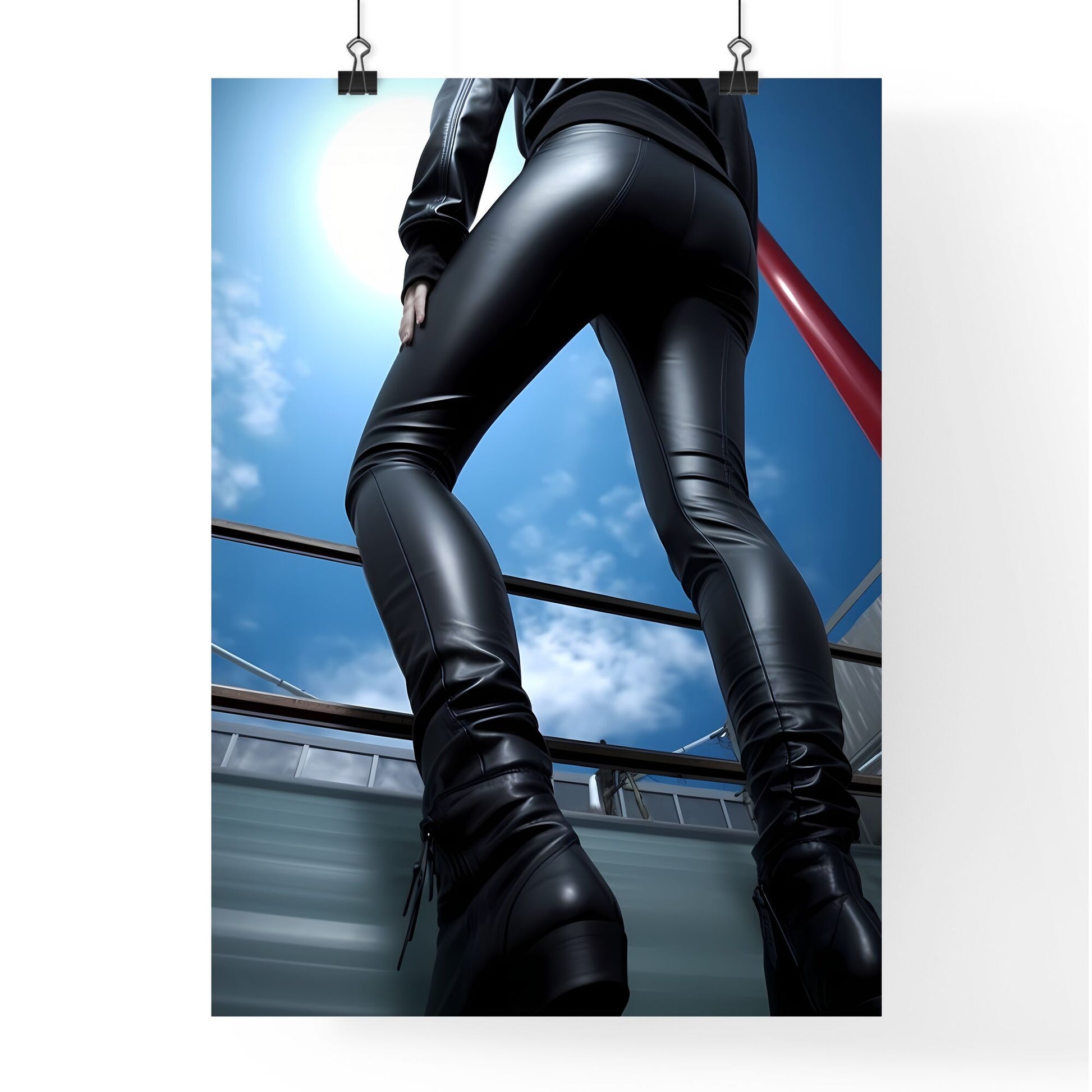 A Poster of female black skintight leather pants hips - A Person Wearing  Black Leather Pants And High Heels