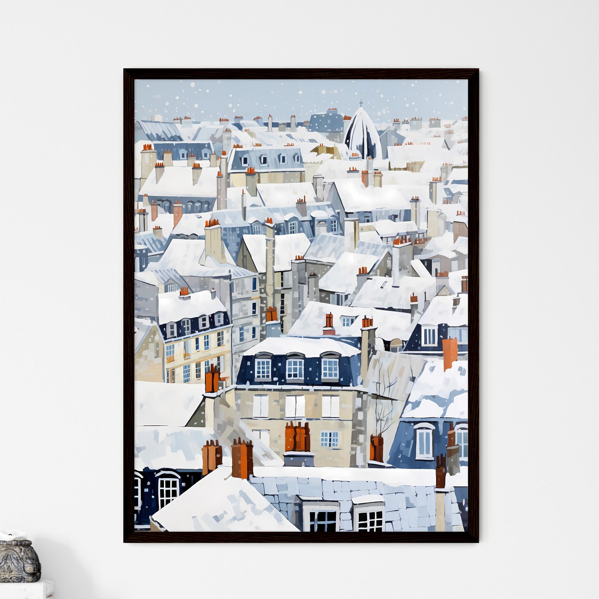 A Poster of snowy urban roofs of paris - A Snow Covered Rooftops Of A City Framed Art