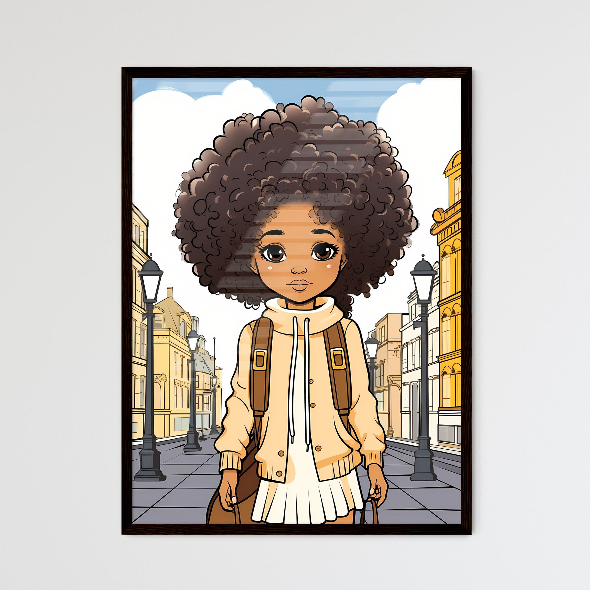 A Poster of cute afro girl - Cartoon Girl With Curly Hair And Backpack Walking Down A Street Default Title