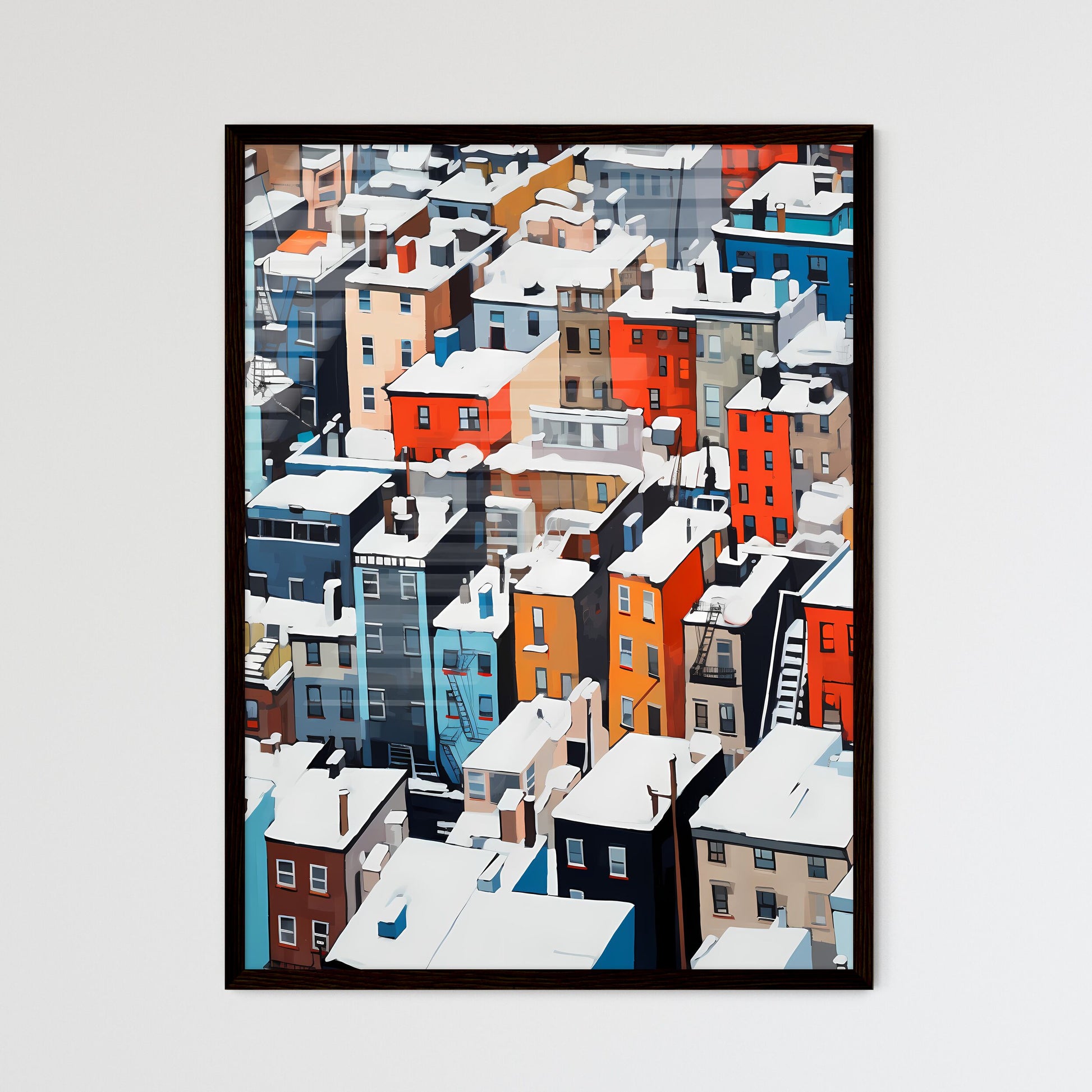 A Poster of snowy urban roofs of New York City - A Group Of Buildings Covered In Snow Framed Art