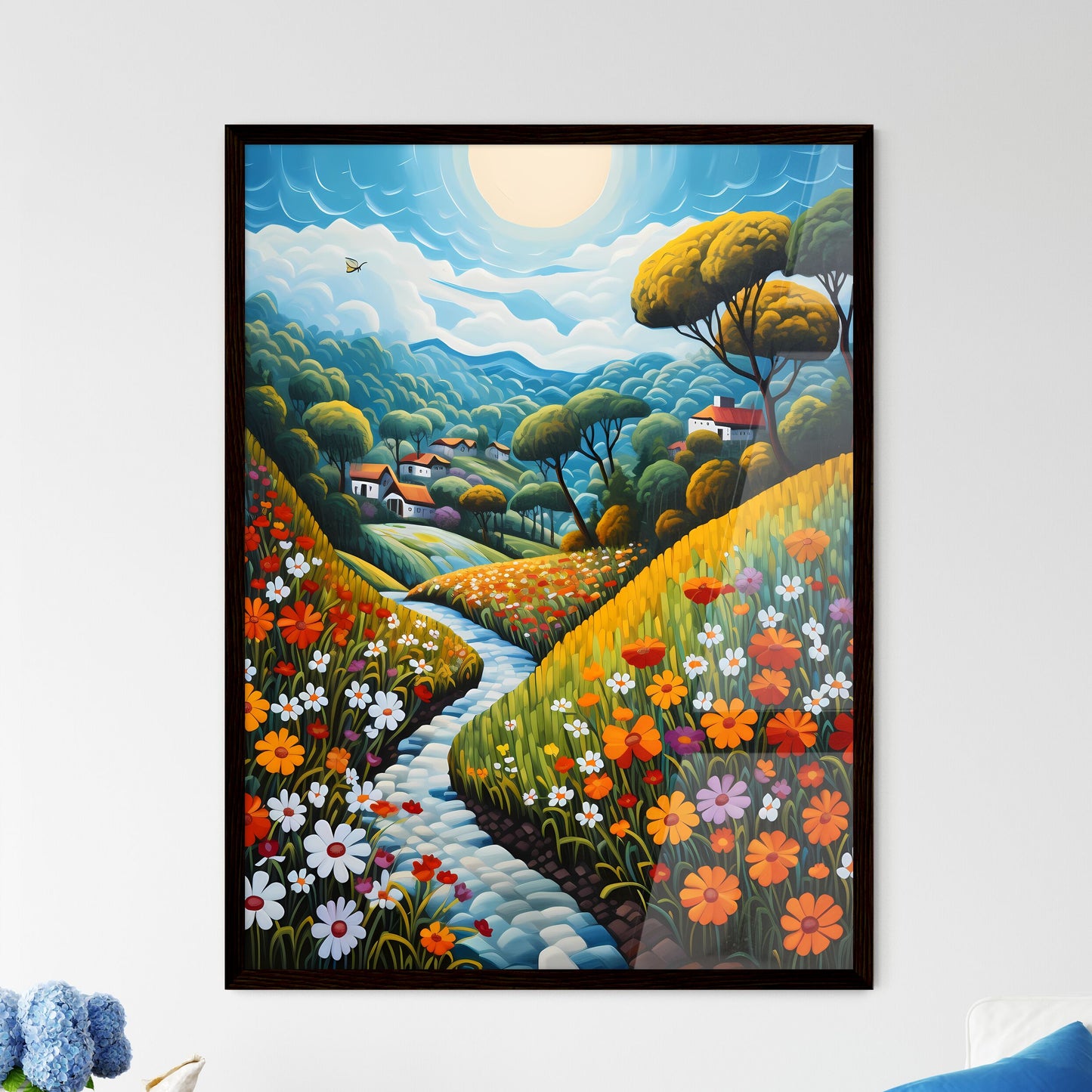 A Poster of summer landscape - A Painting Of A River Running Through A Valley With Flowers Default Title