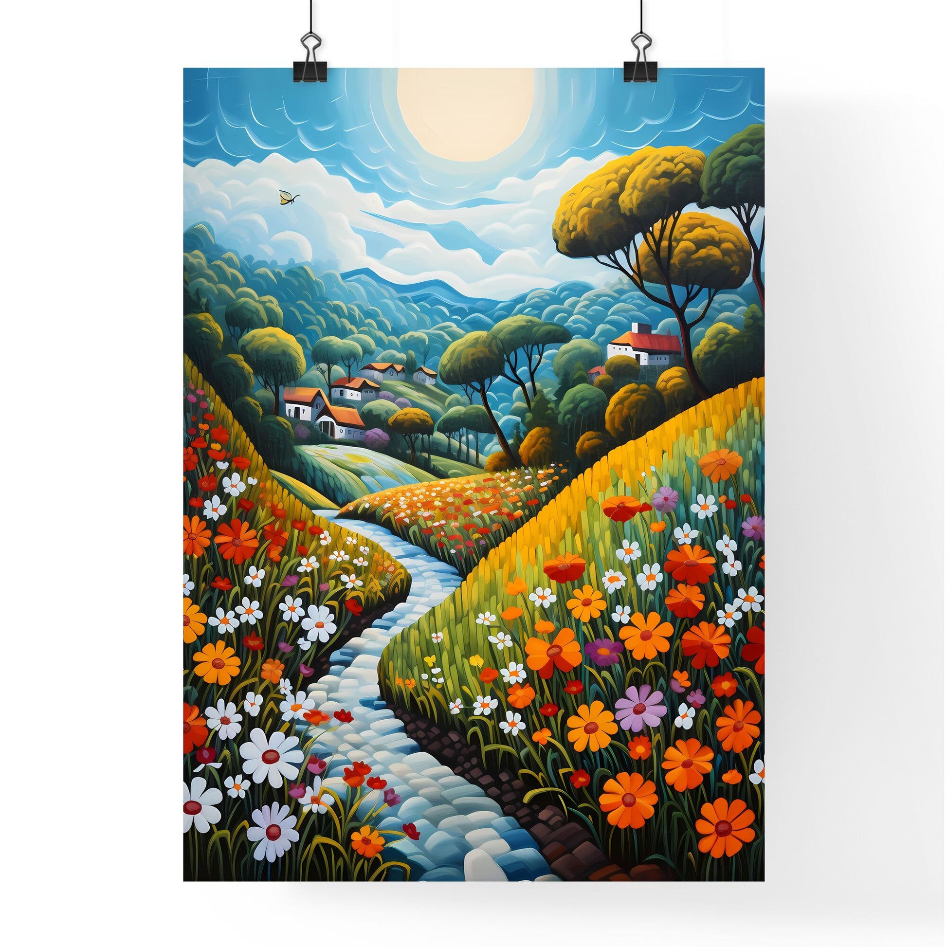 A Poster of summer landscape - A Painting Of A River Running Through A Valley With Flowers Default Title