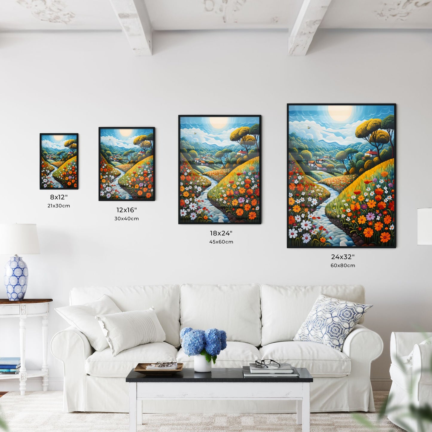 A Poster of summer landscape - A Painting Of A River Running Through A Valley With Flowers Default Title