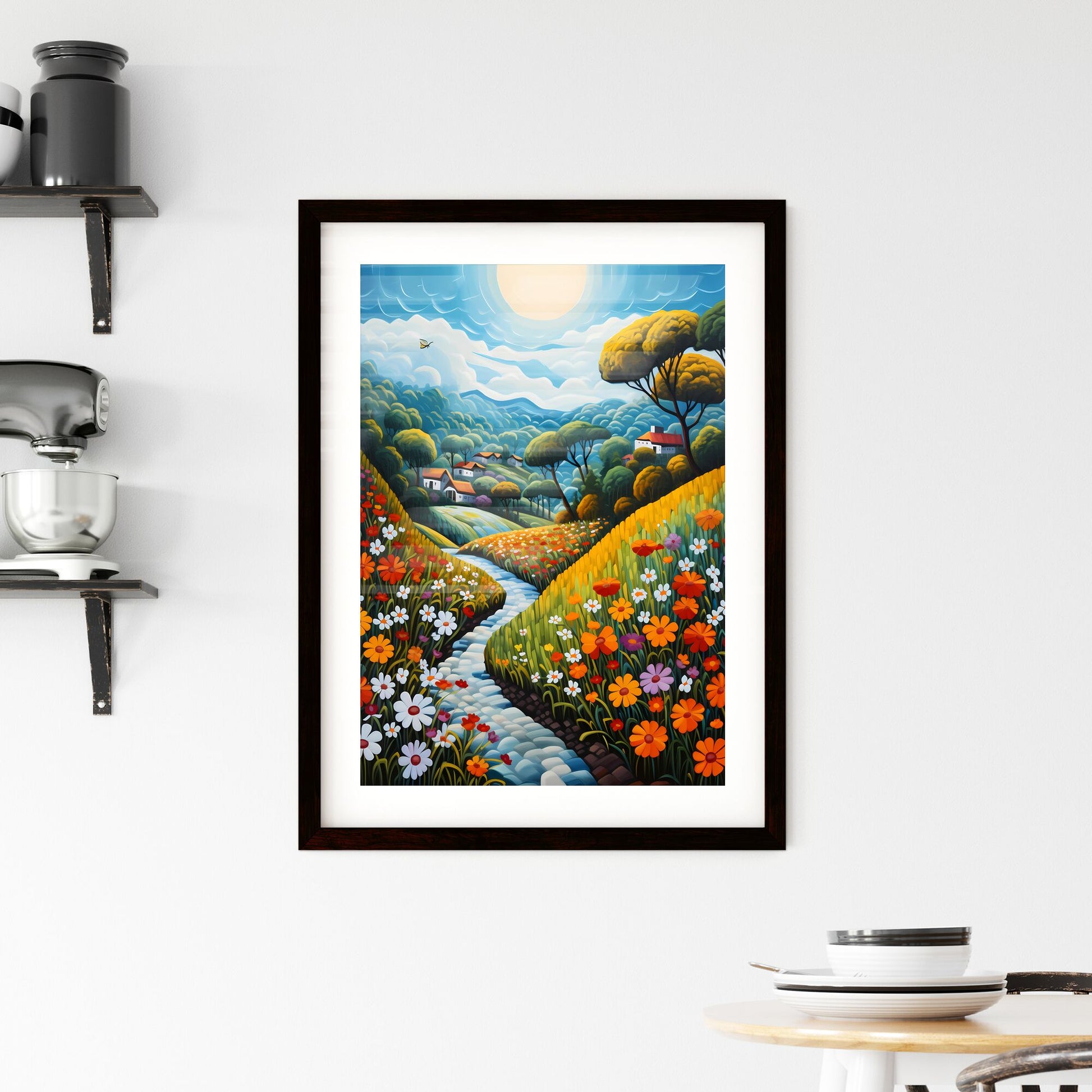 A Poster of summer landscape - A Painting Of A River Running Through A Valley With Flowers Default Title