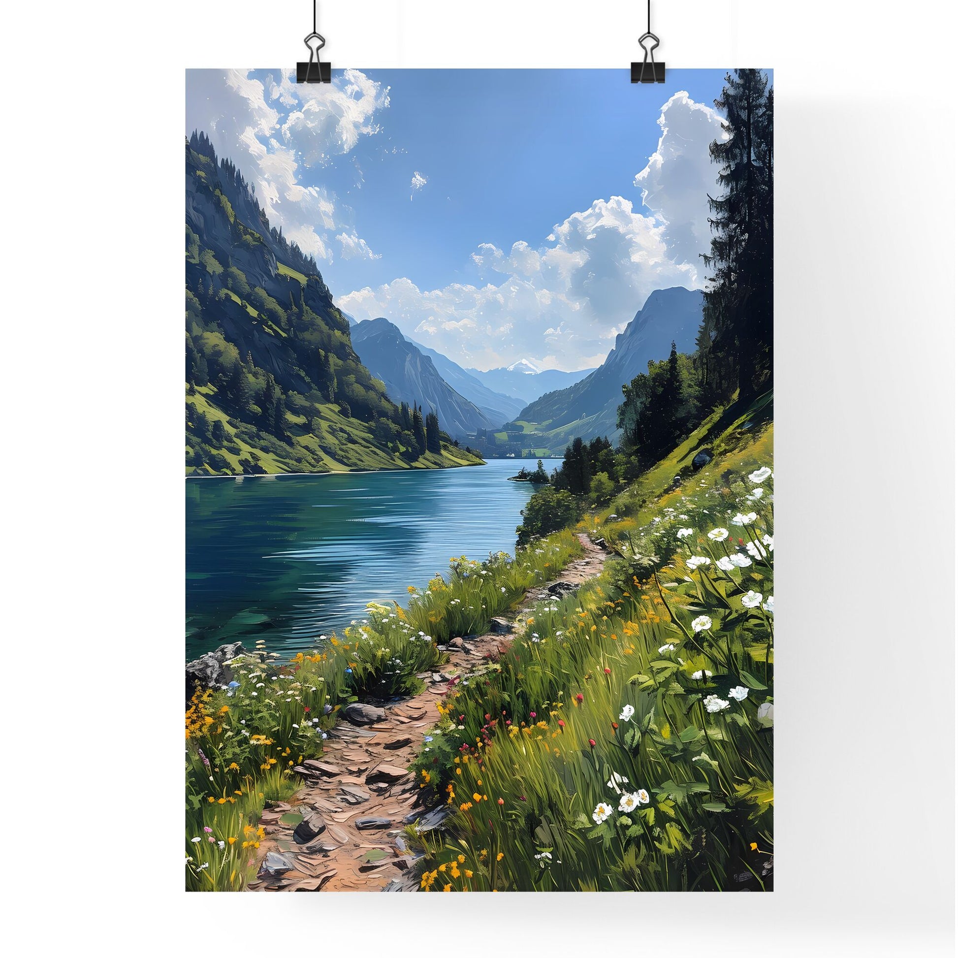 A Poster of Mountains landscape - A Lake With Flowers And Mountains In The Background Default Title