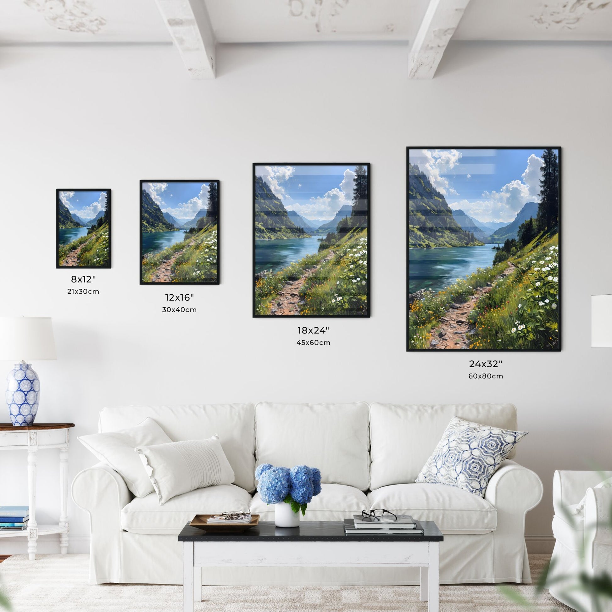 A Poster of Mountains landscape - A Lake With Flowers And Mountains In The Background Default Title