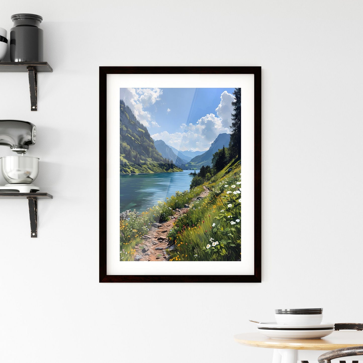 A Poster of Mountains landscape - A Lake With Flowers And Mountains In The Background Default Title