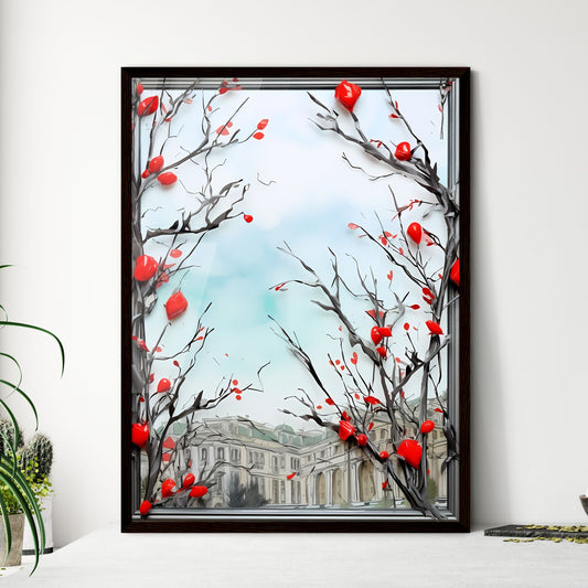 A Poster of Holiday Frame made from Christmas tree - A Tree Branches With Red Berries And Leaves Framed Art