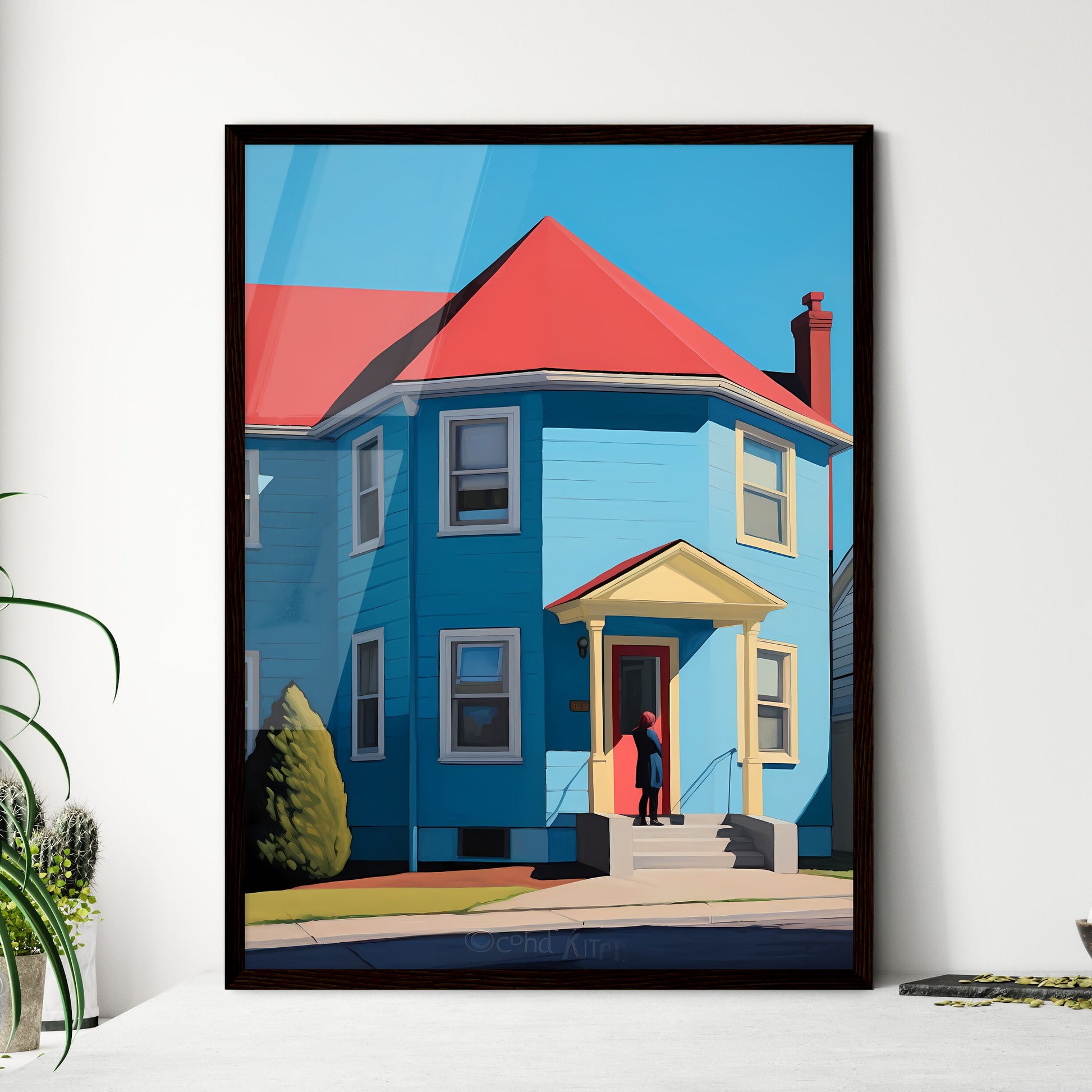 A Poster of nursing home saturated color - A Person Standing In Front Of A Blue House Framed Art