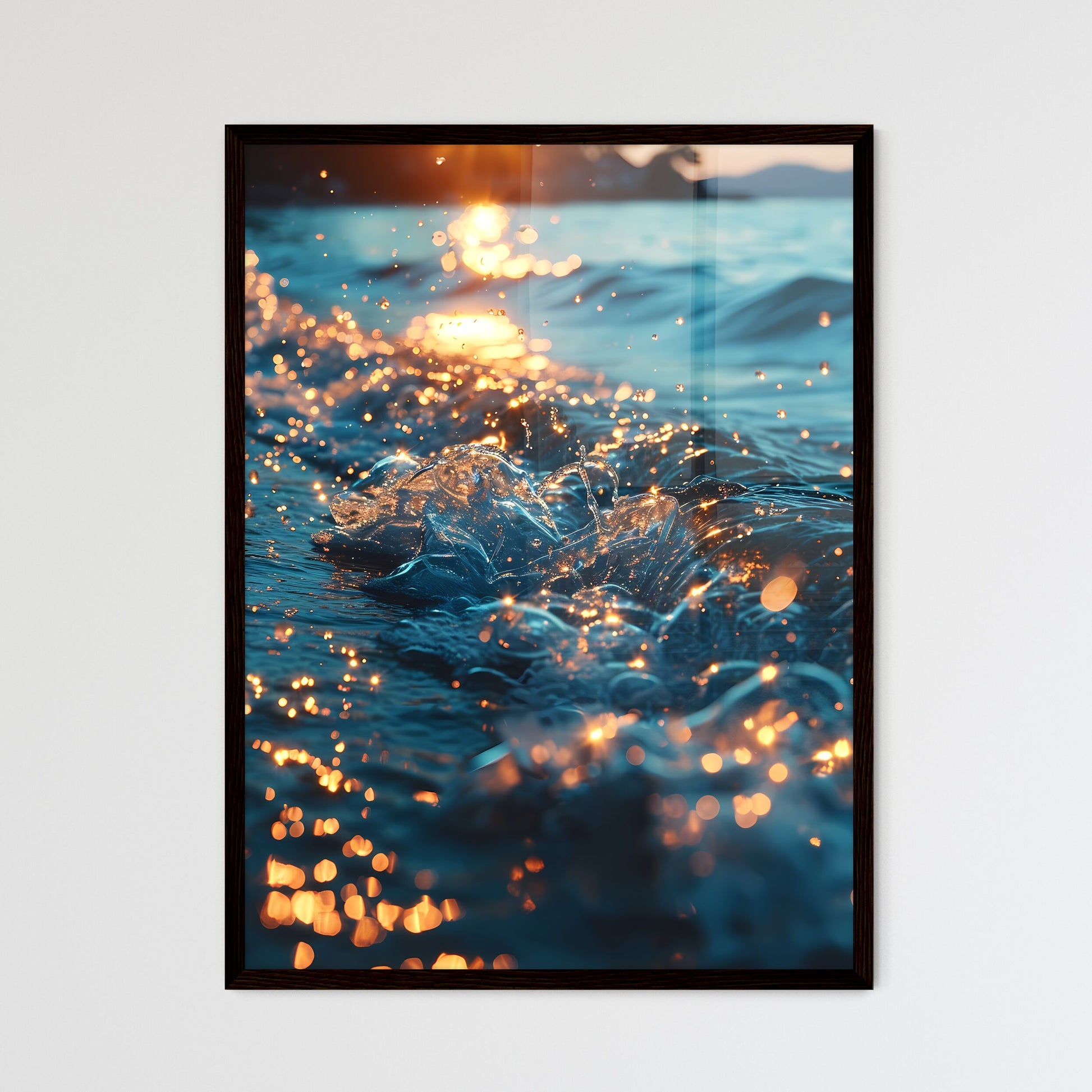 A Poster of sunset kissing the shimmering oc - Framed Art Print