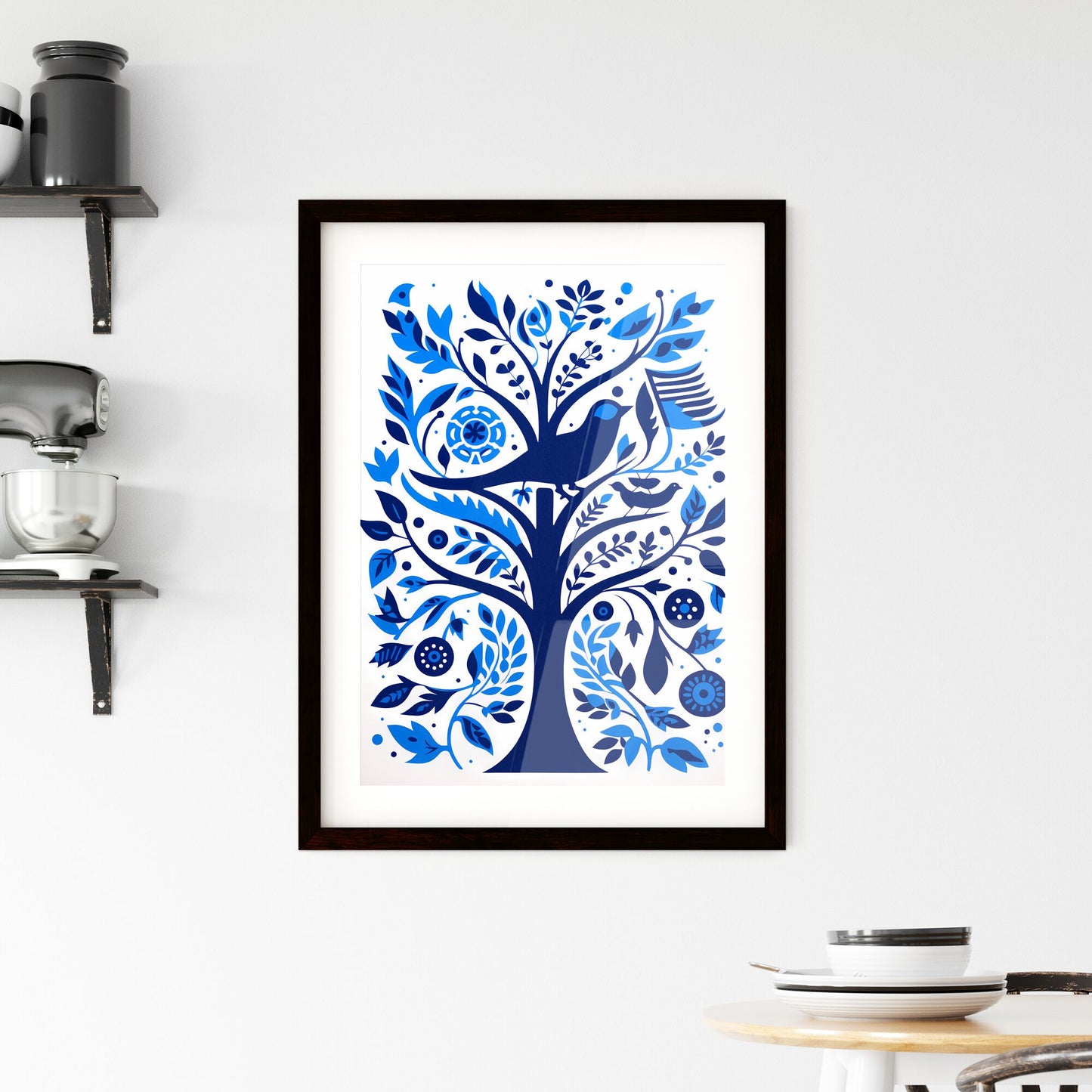 A Poster of silkscreened stencil - A Blue And White Tree With Birds And Flowers Default Title