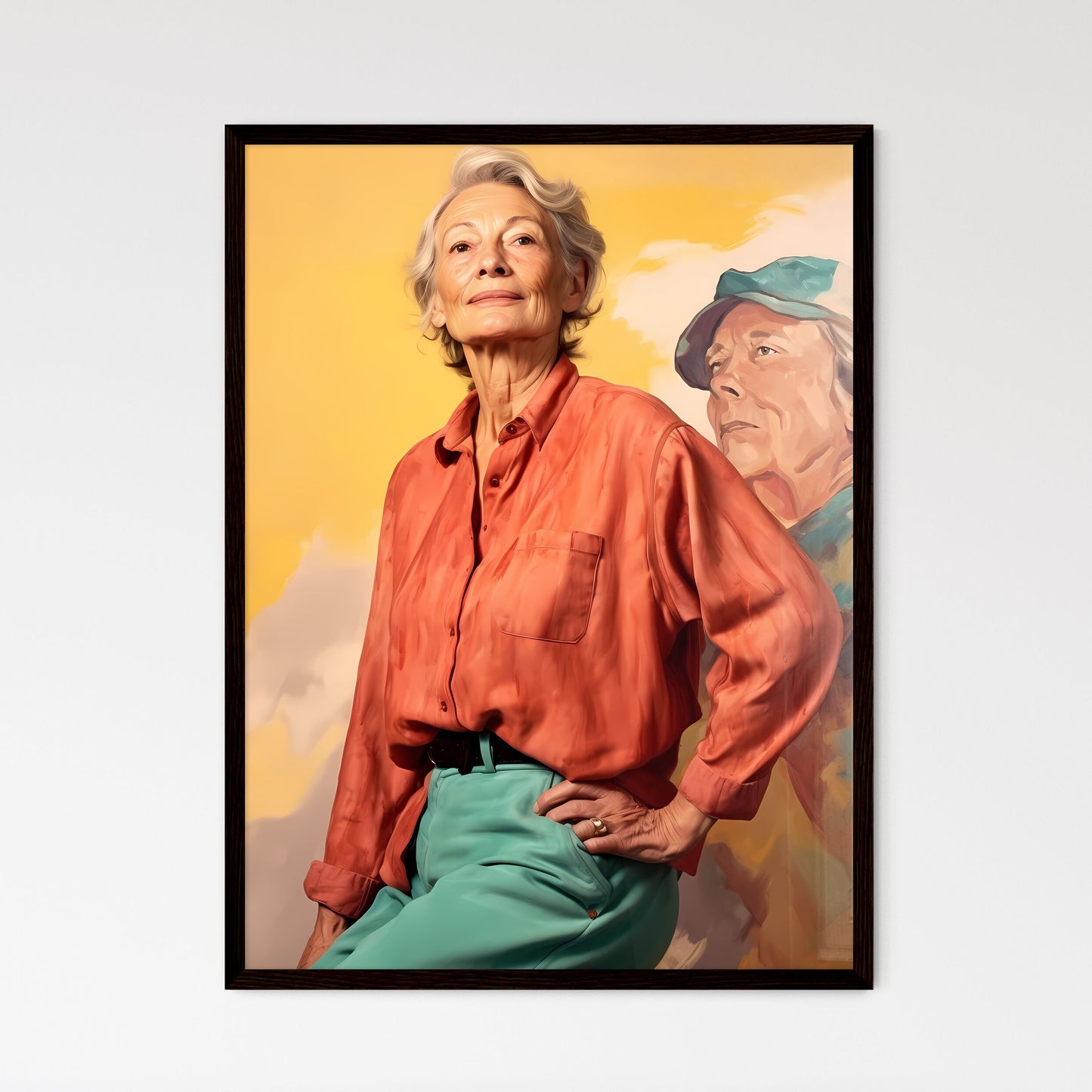 A Poster of Woman in her 70s wearing stylish - Framed Art Print