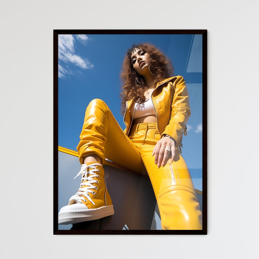 A Poster of young 30 years old woman - A Woman Sitting On A Ledge Wearing Yellow Leather Pants And A Yellow Jacket Default Title