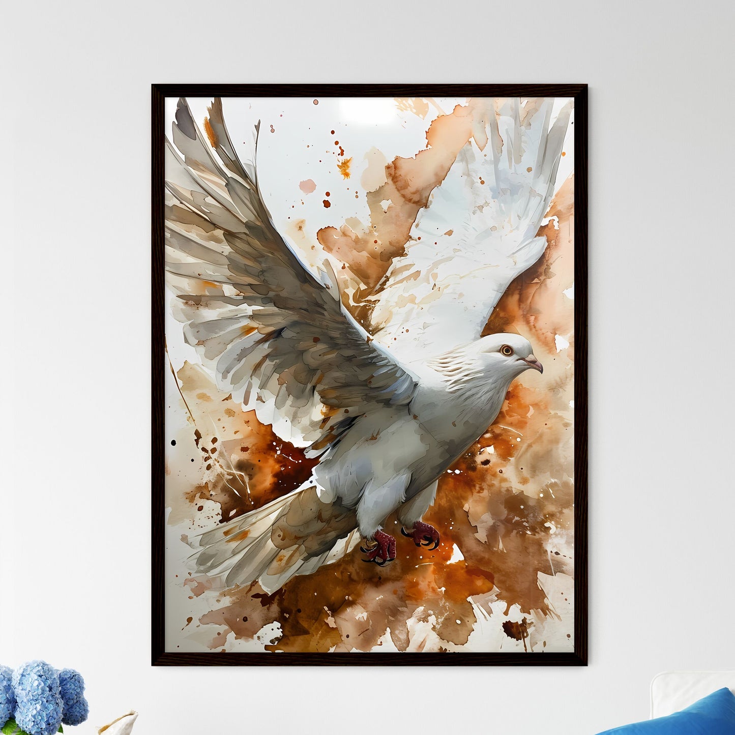 A Poster of watercolor bird in flight in beige tones  Wall Art