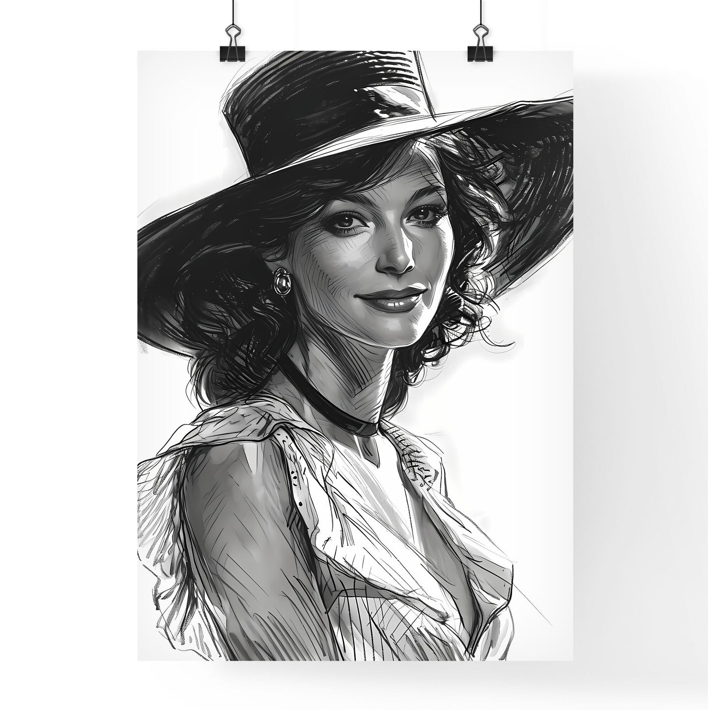 A Poster of Hand drawn black and white fashion sketch - A Woman Wearing A Hat Default Title