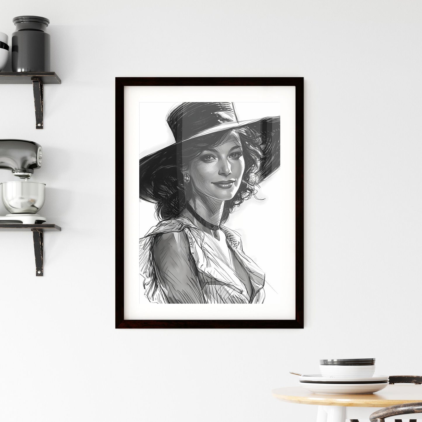 A Poster of Hand drawn black and white fashion sketch - A Woman Wearing A Hat Default Title