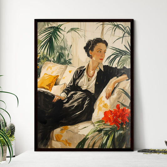 A Poster of drawing of a woman lounging on c - Framed Art Print