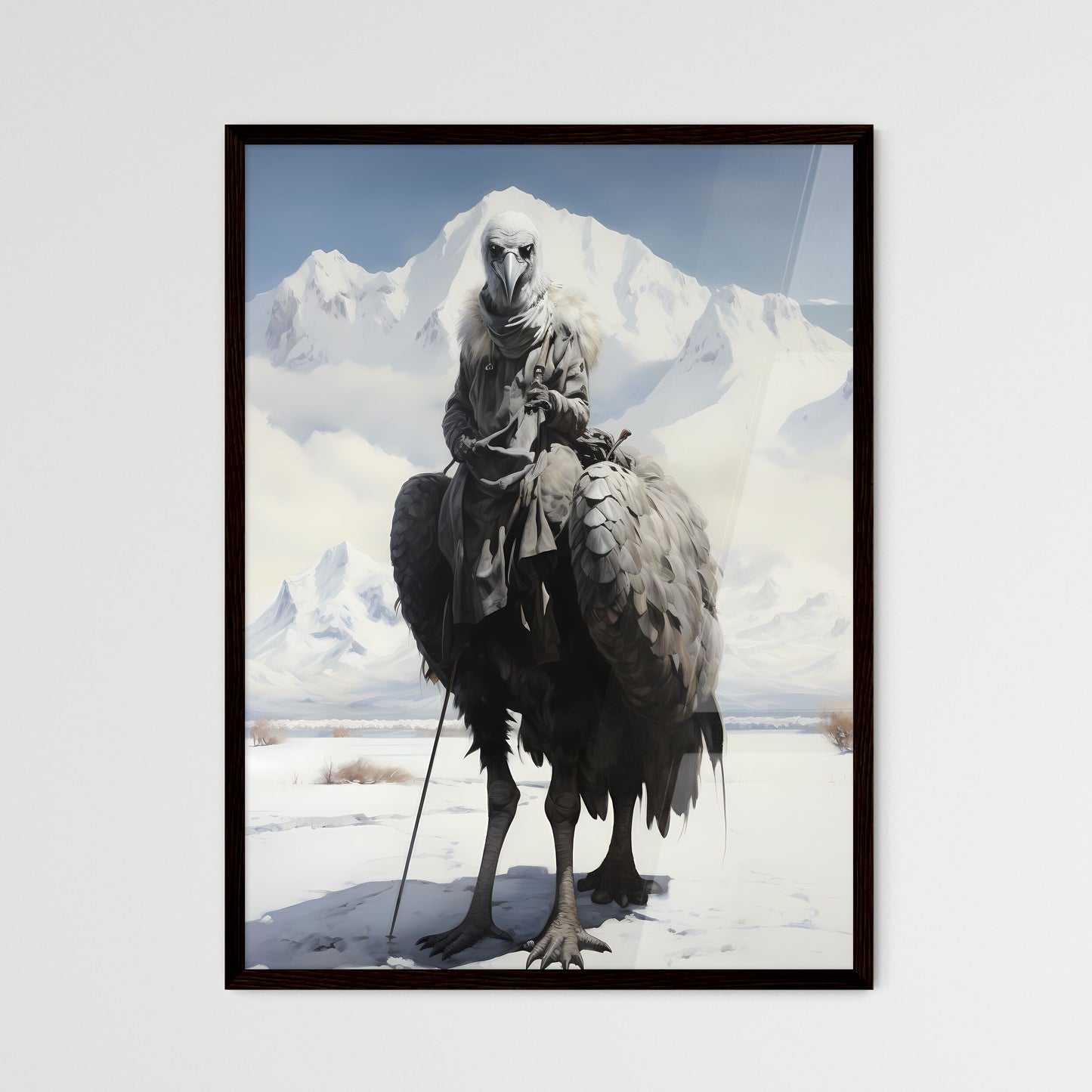 A Poster of A rider on a large ostrich - A Person Riding A Bird With A Large Bird Head Default Title
