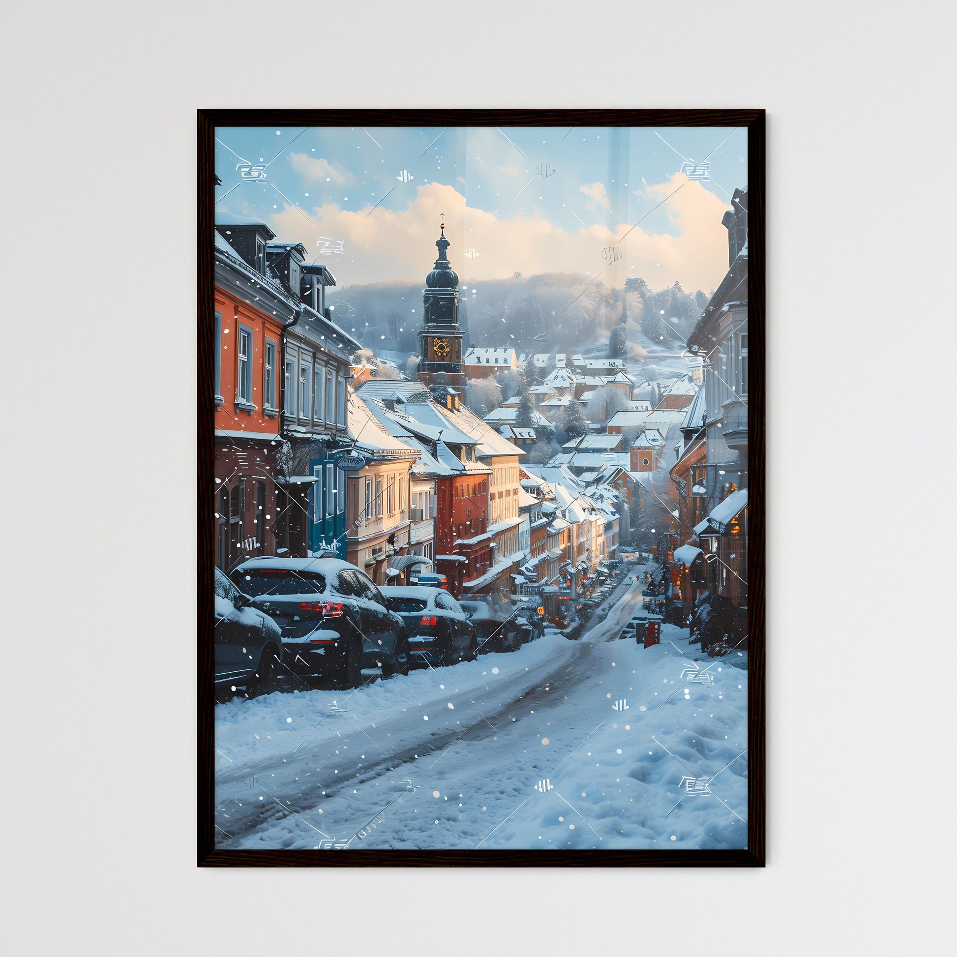 A Poster of Darmstadt Hesse germany Skyline - A Snowy Street With Cars And Buildings Framed Art