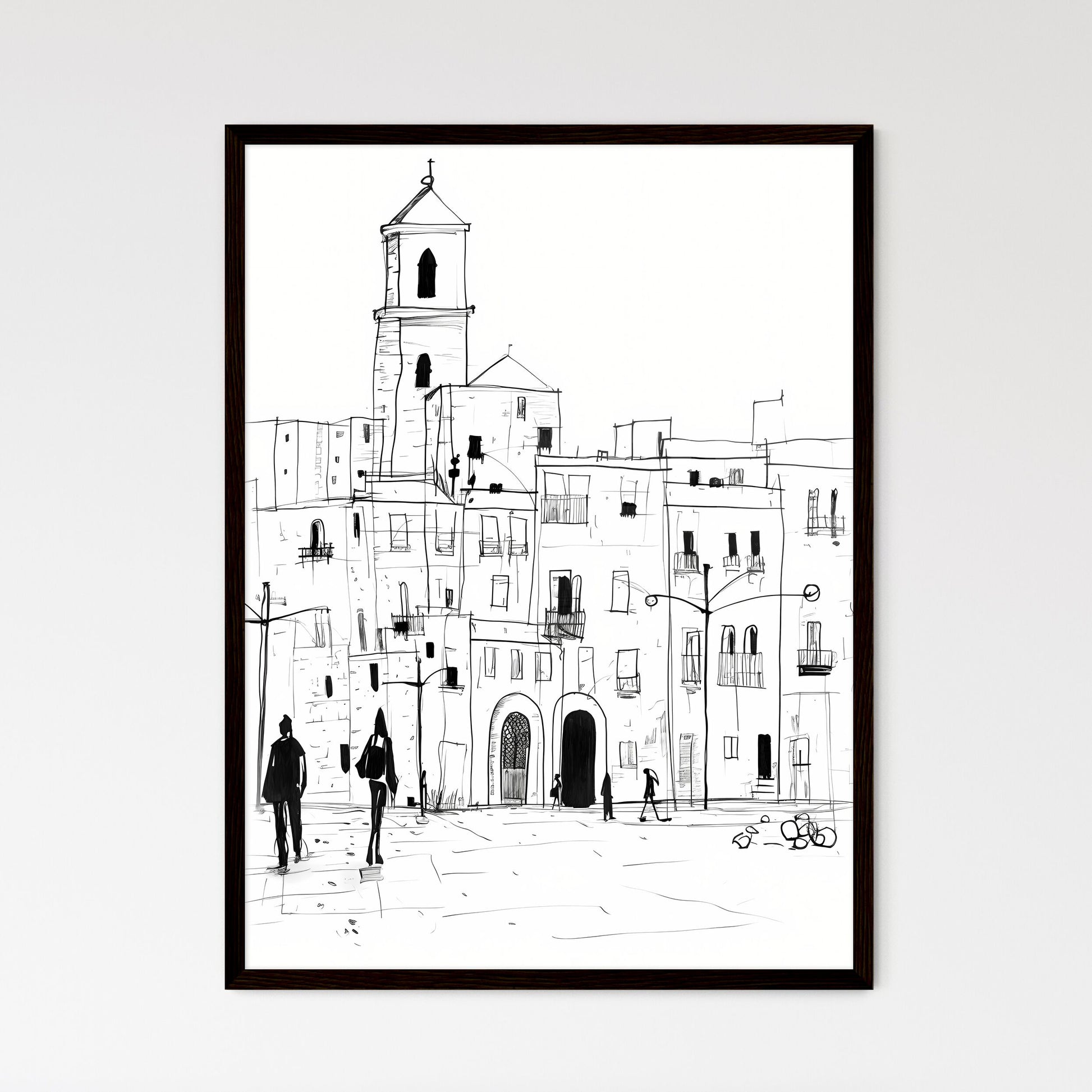 A Poster of Trapani TP city center and some people - A Drawing Of A Building With People Walking In Front Of It Framed Art