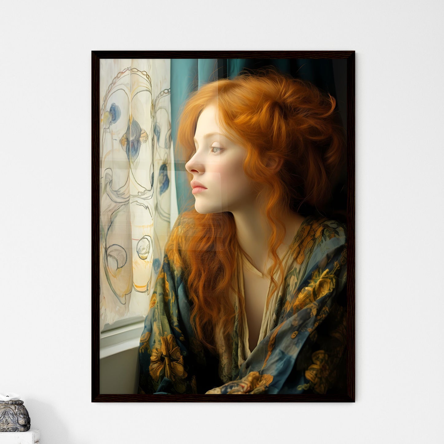 A Poster of woman with red hair sitting - A  - Framed Art Print
