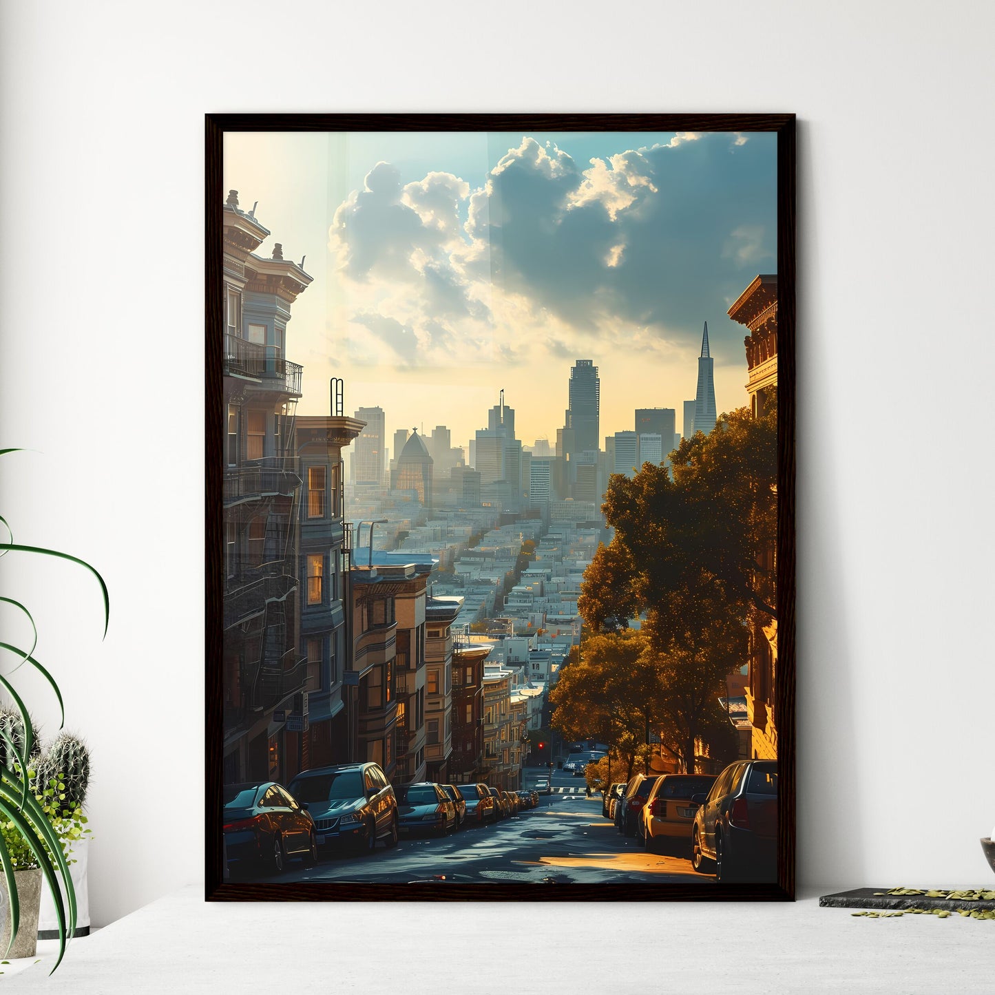 A Poster of San Franciso Skyline - A City With Cars Parked On A Street Framed Art
