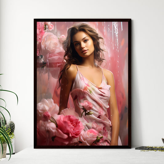 A Poster of A young lady is wearing a pink d - Framed Art Print