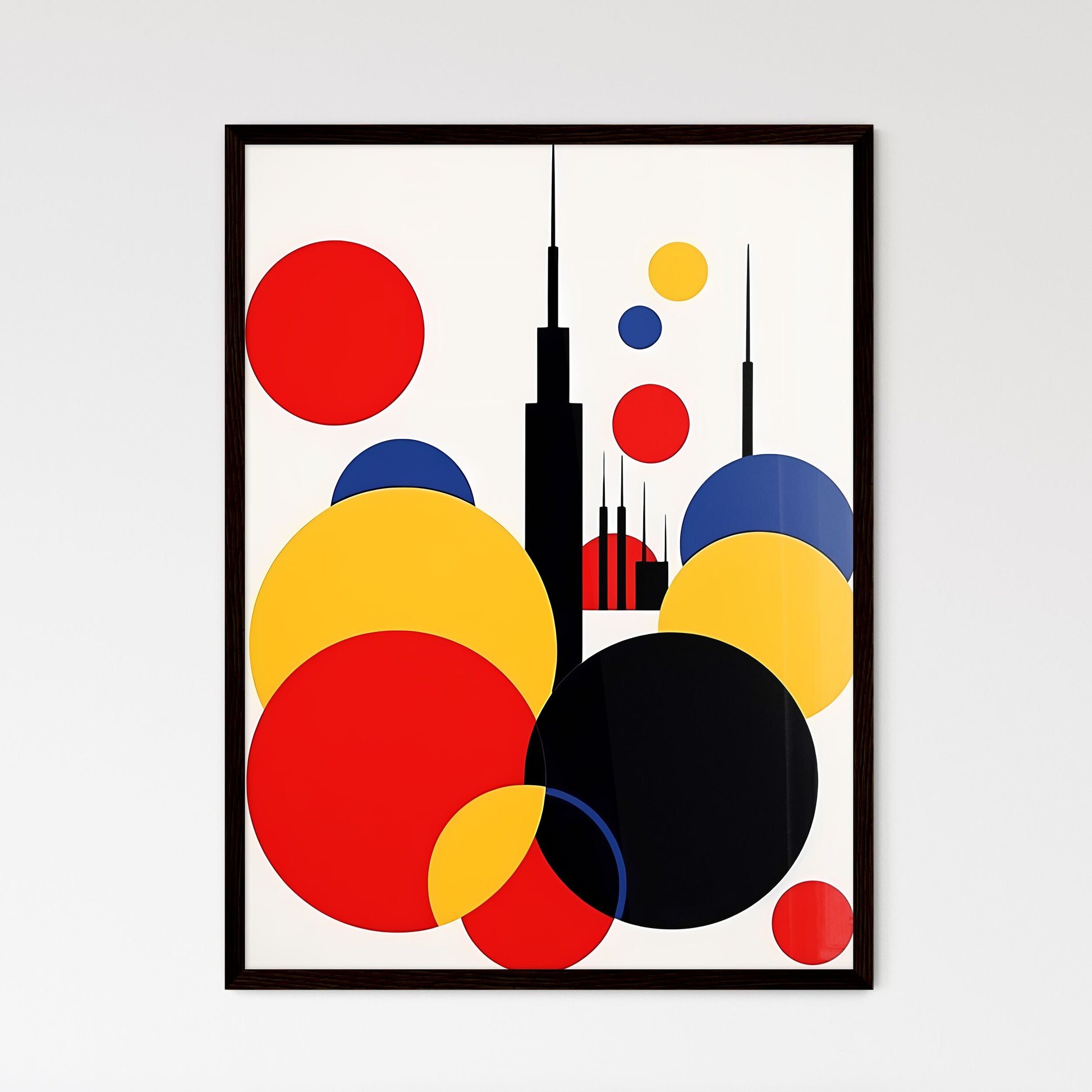 A Poster of minimalist Tokyo skyline - A Colorful Circles And A Building Framed Art