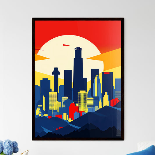 A Poster of minimalist Los Angeles skyline - A City Skyline With A Sun Behind It Framed Art