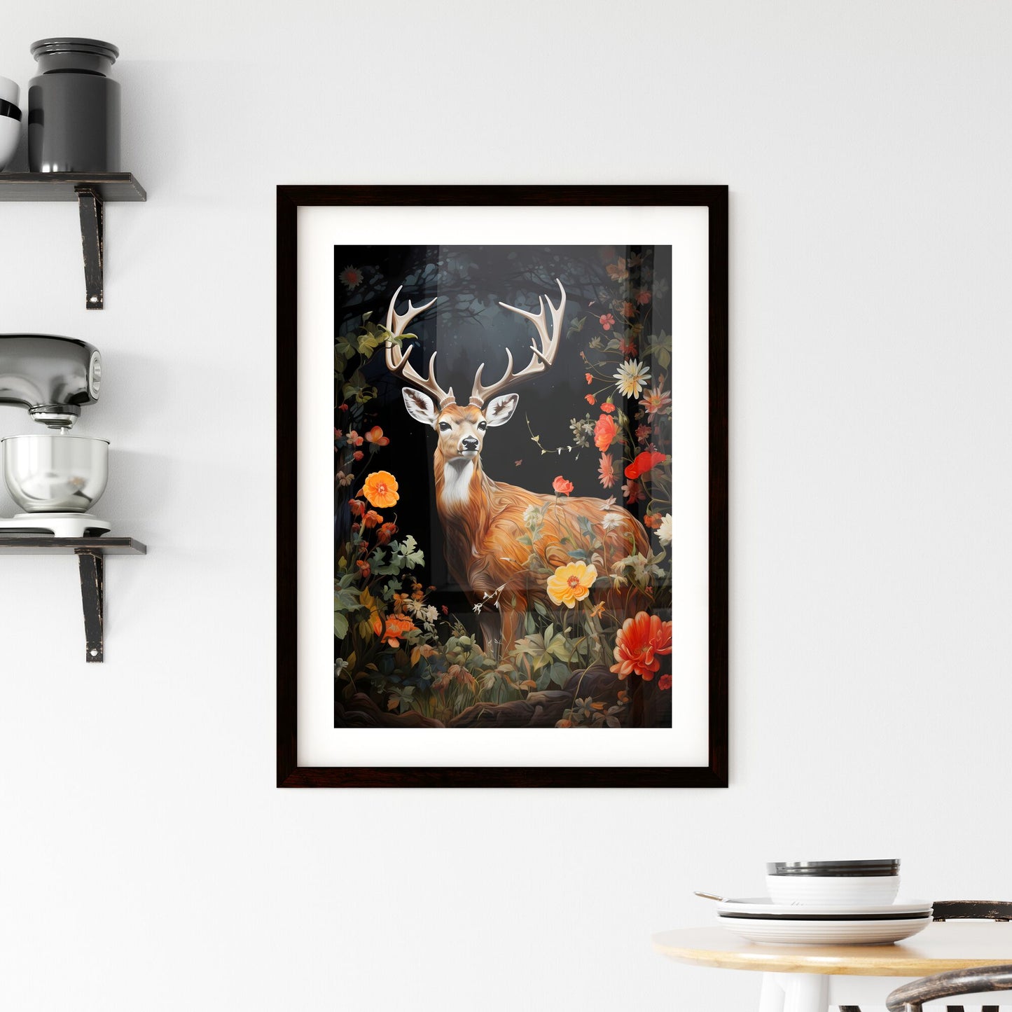 A Poster of the deer is standing by a tree - A Deer In A Forest With Flowers Default Title