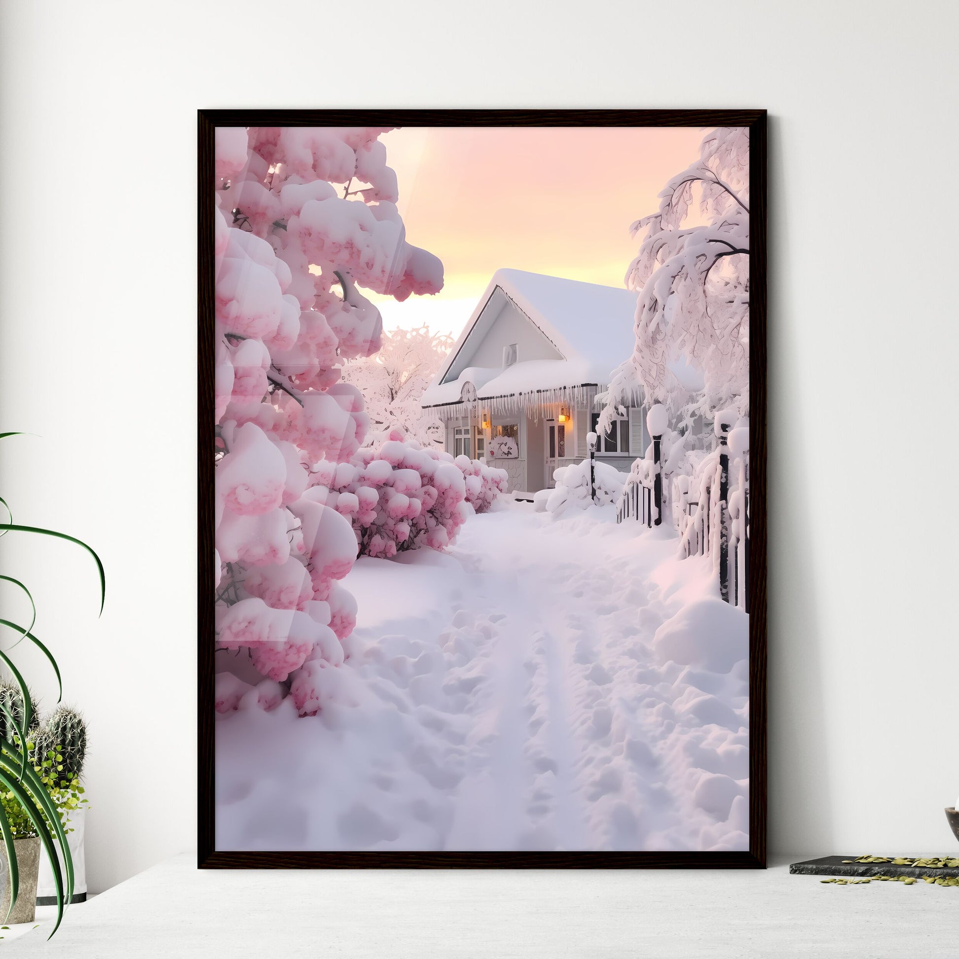 A Poster of beautiful snow scene - A House With Snow On Trees And A Fence Framed Art