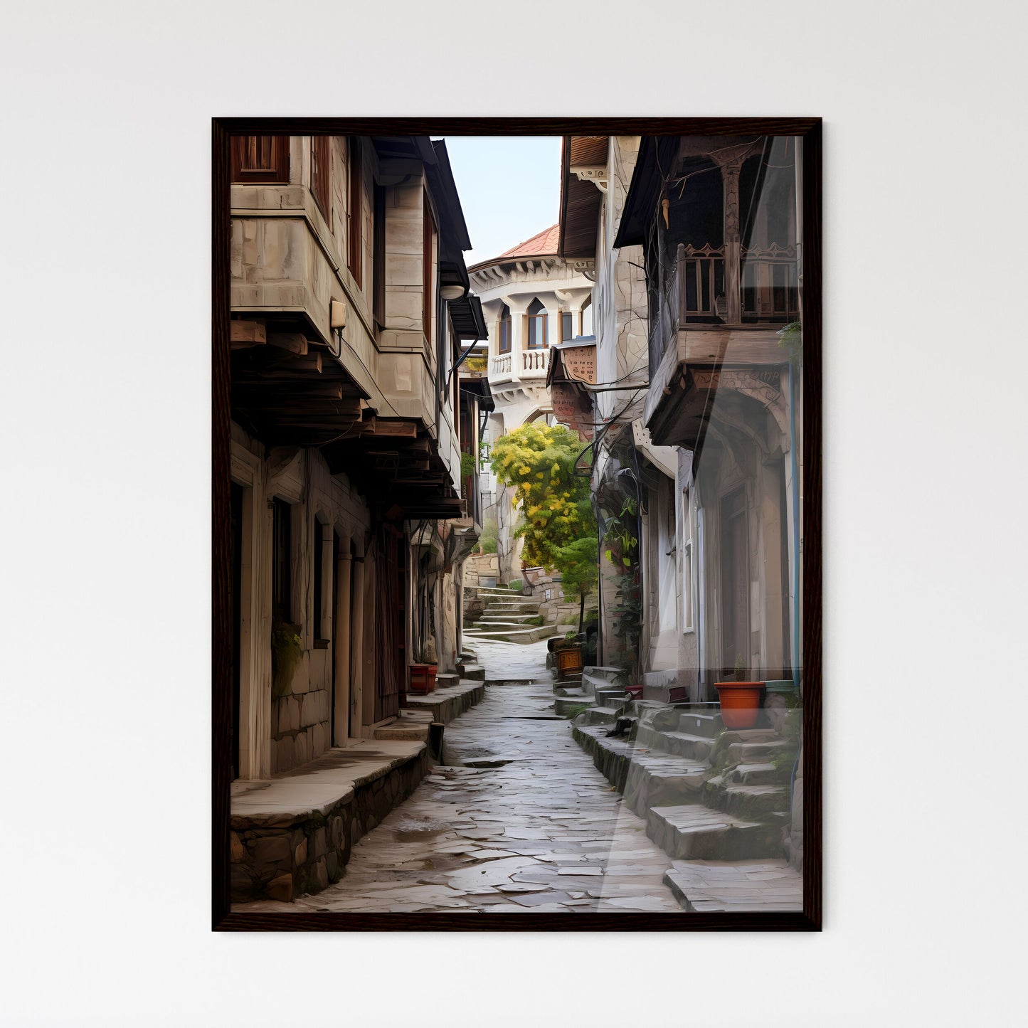 A Poster of Narrow street Ottoman architecture - A Stone Alleyway With Stone Buildings And Trees Framed Art
