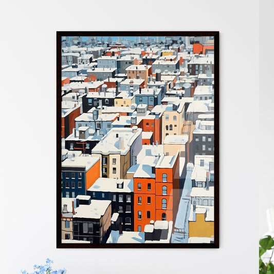 A Poster of snowy new york city roofs seen from above - A Group Of Buildings Covered In Snow Framed Art