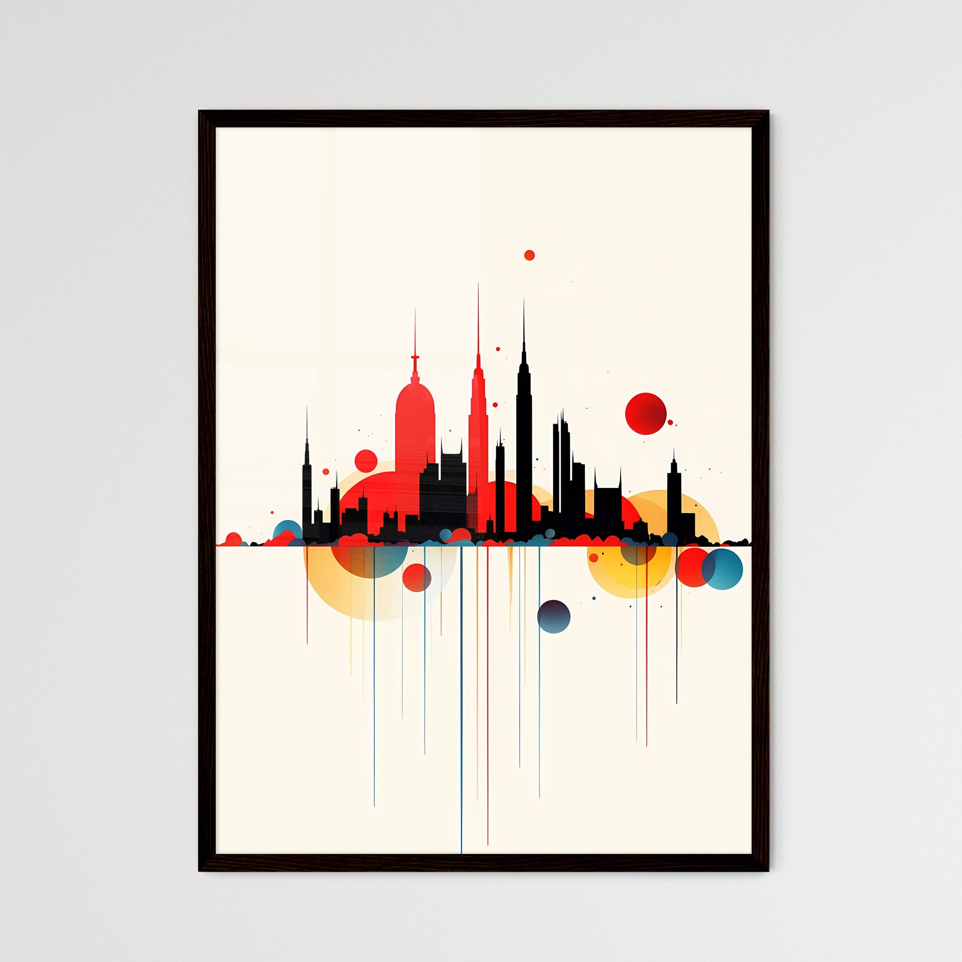 A Poster of minimalist Barcelona skyline - A Colorful City Skyline With Red And Blue Circles Framed Art