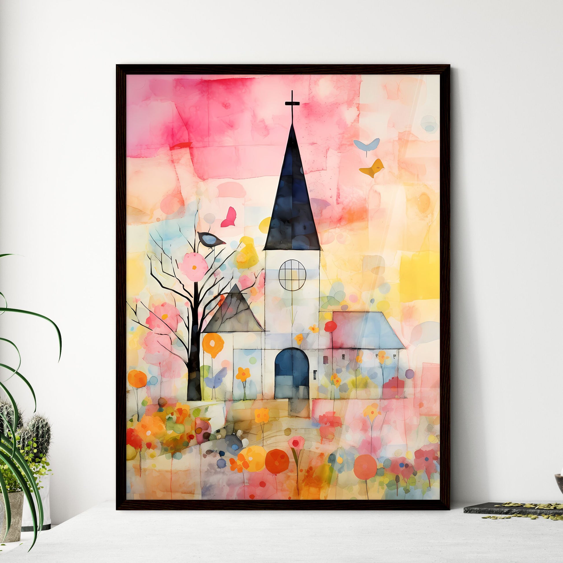 A Poster of the easter church painting - A Painting Of A Church With Flowers And Trees Framed Art