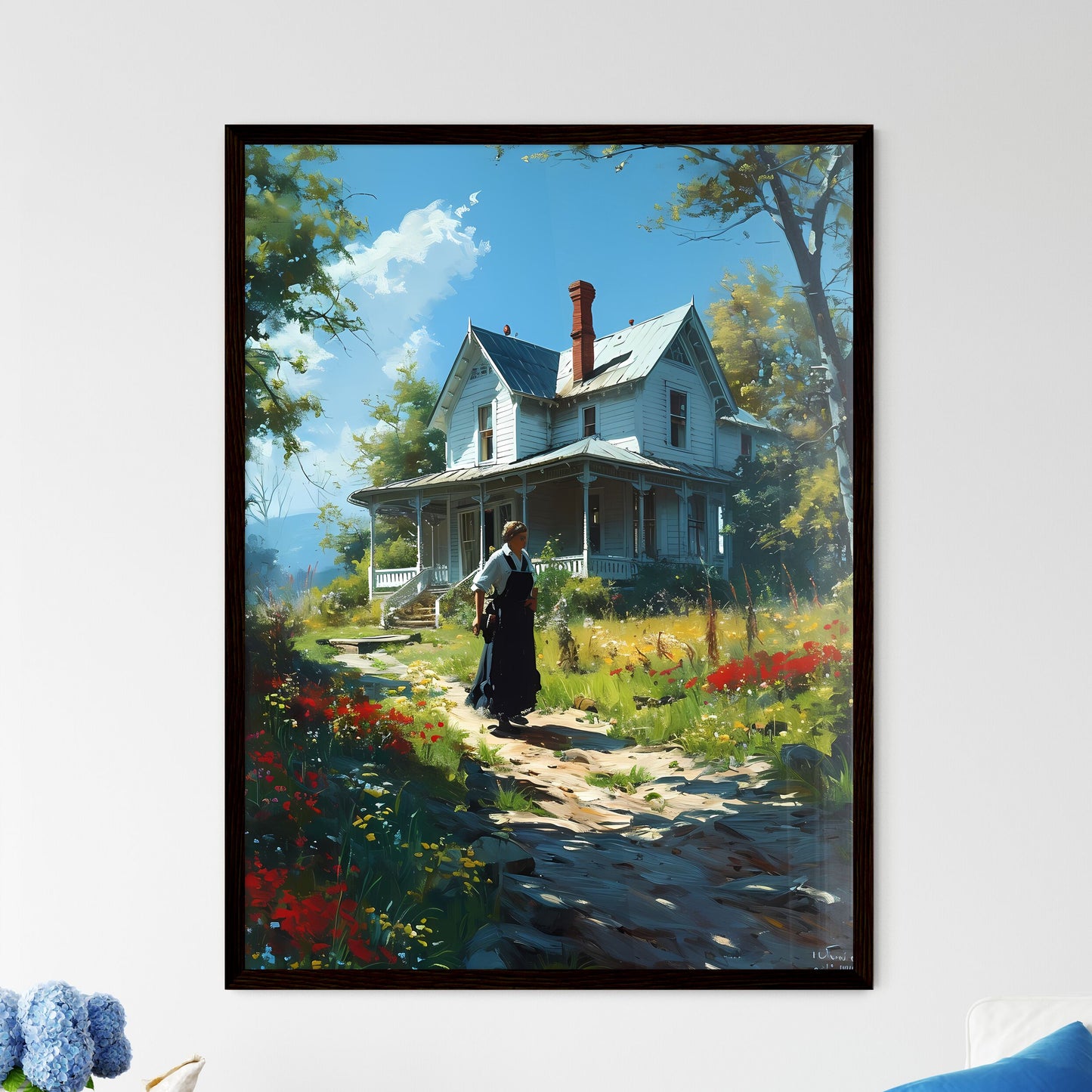 A Poster of beautiful lady homeowner in 1945 - A Woman Walking On A Path In Front Of A House Framed Art
