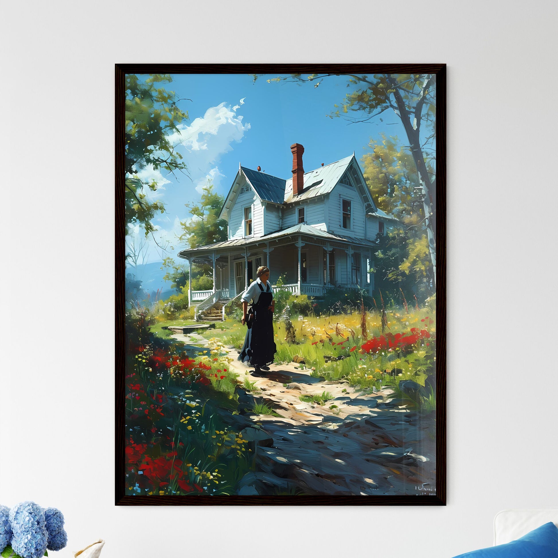 A Poster of beautiful lady homeowner in 1945 - A Woman Walking On A Path In Front Of A House Framed Art