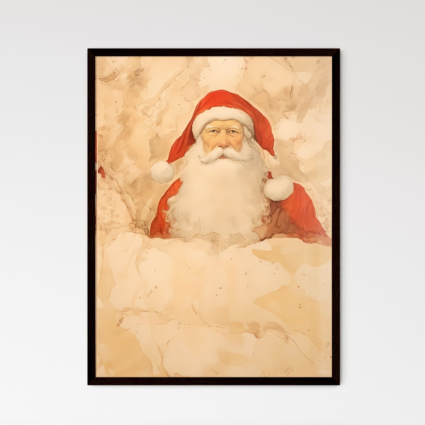 A Poster of santa claus on a beige insulated - Framed Art Print