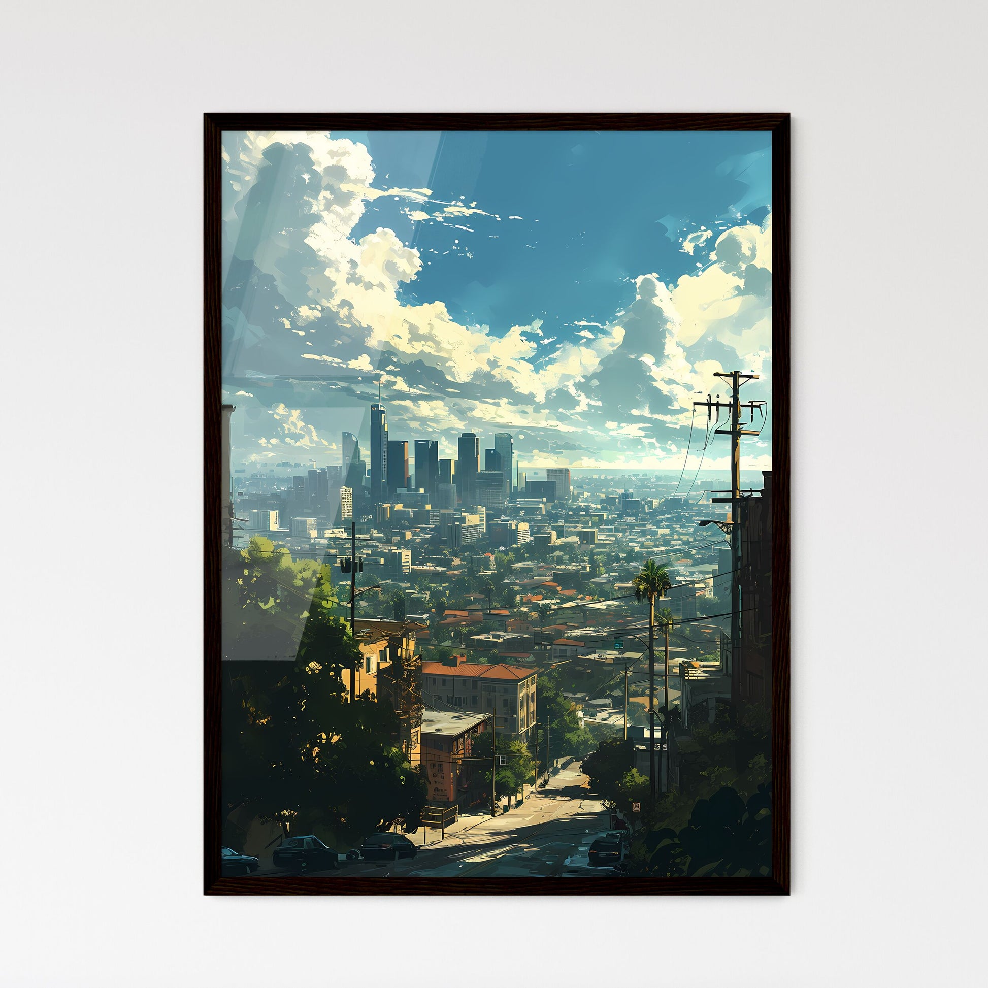 A Poster of Hollywood California Skyline - A City With Trees And Power Lines Framed Art