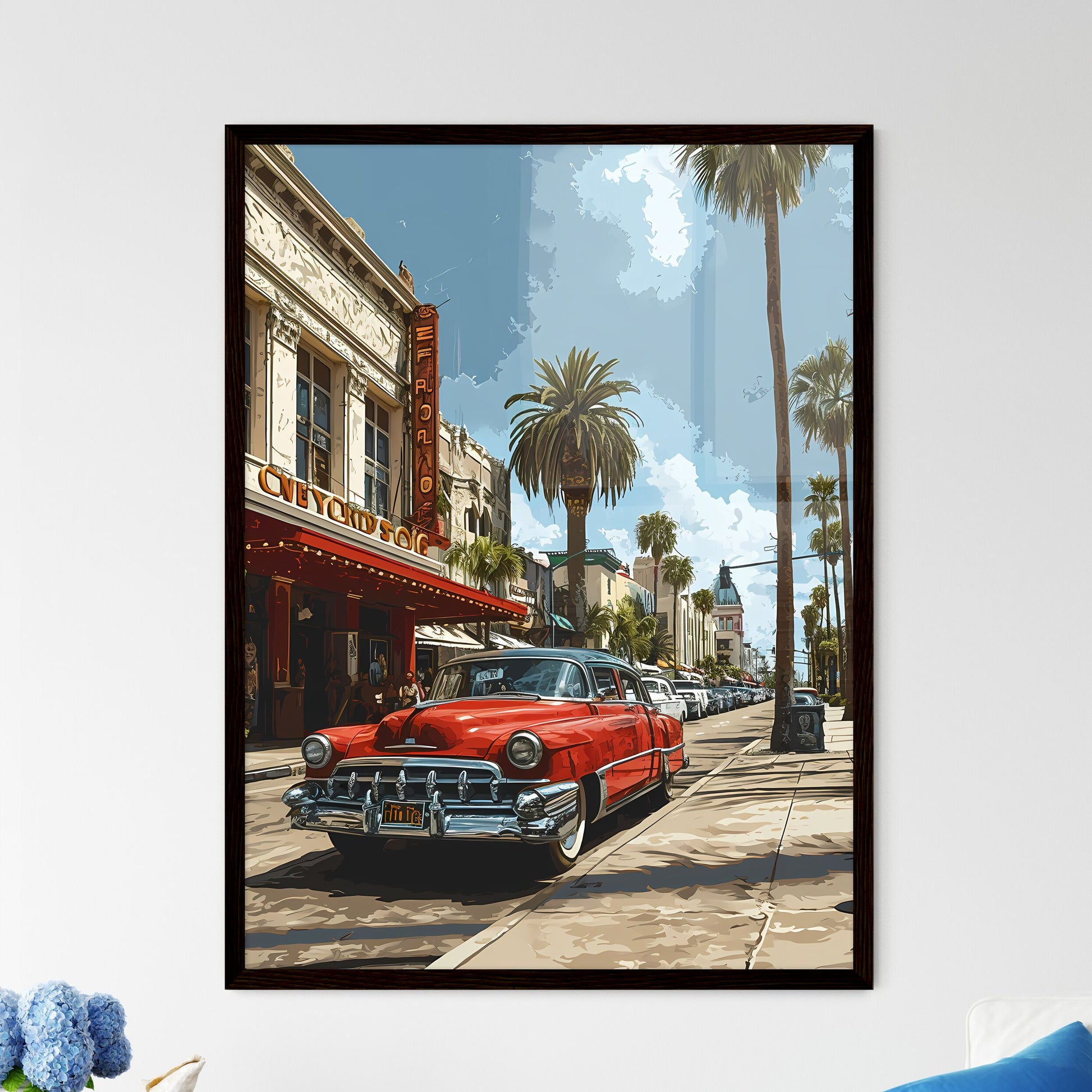 A Poster of Hollywood California Skyline - A Red Car Parked On A Street Framed Art