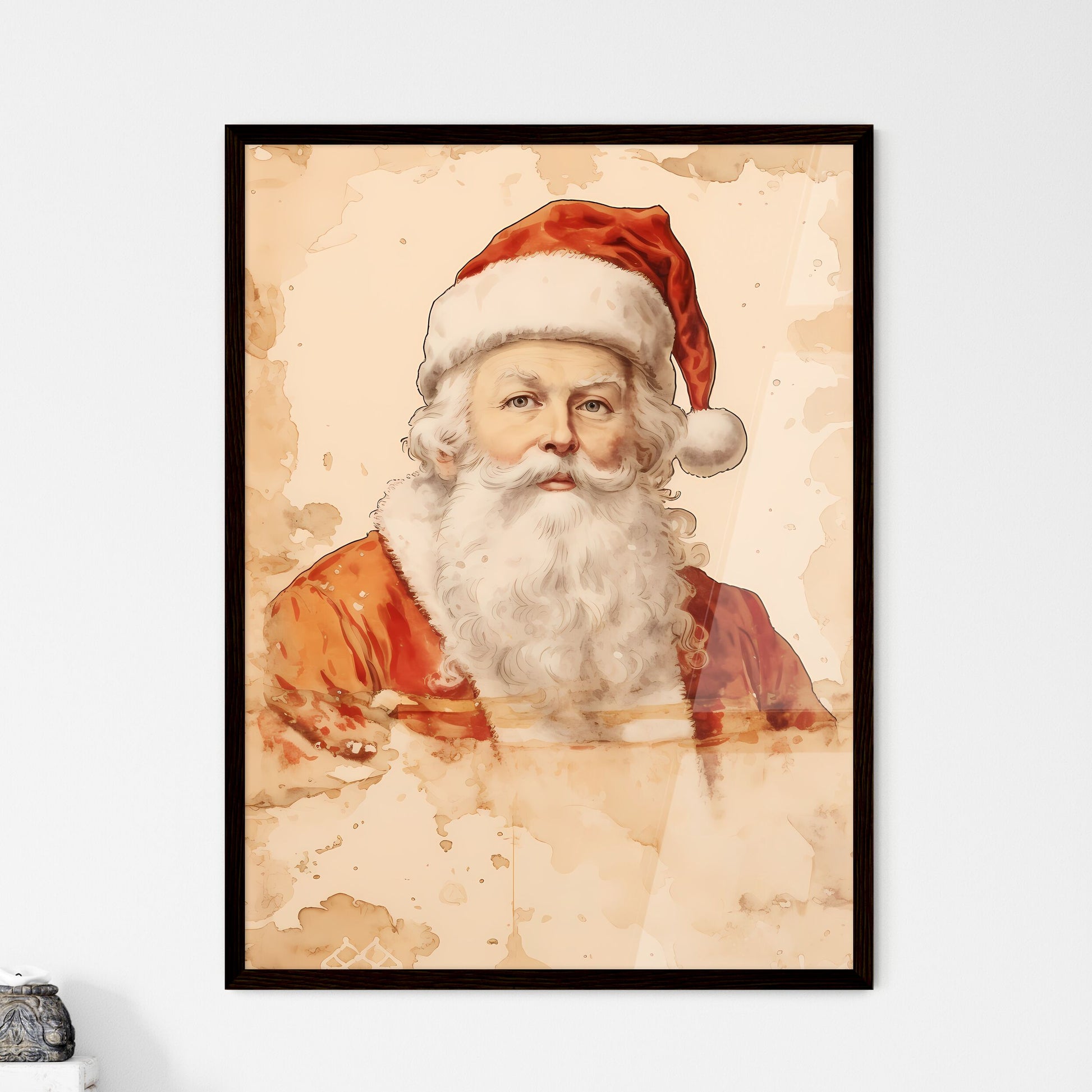 A Poster of santa claus on a beige insulated - Framed Art Print