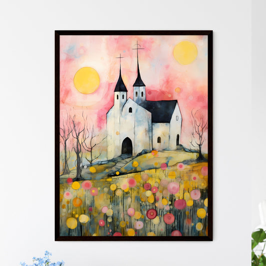 A Poster of the easter church painting - A Painting Of A Church With Trees And Flowers Framed Art