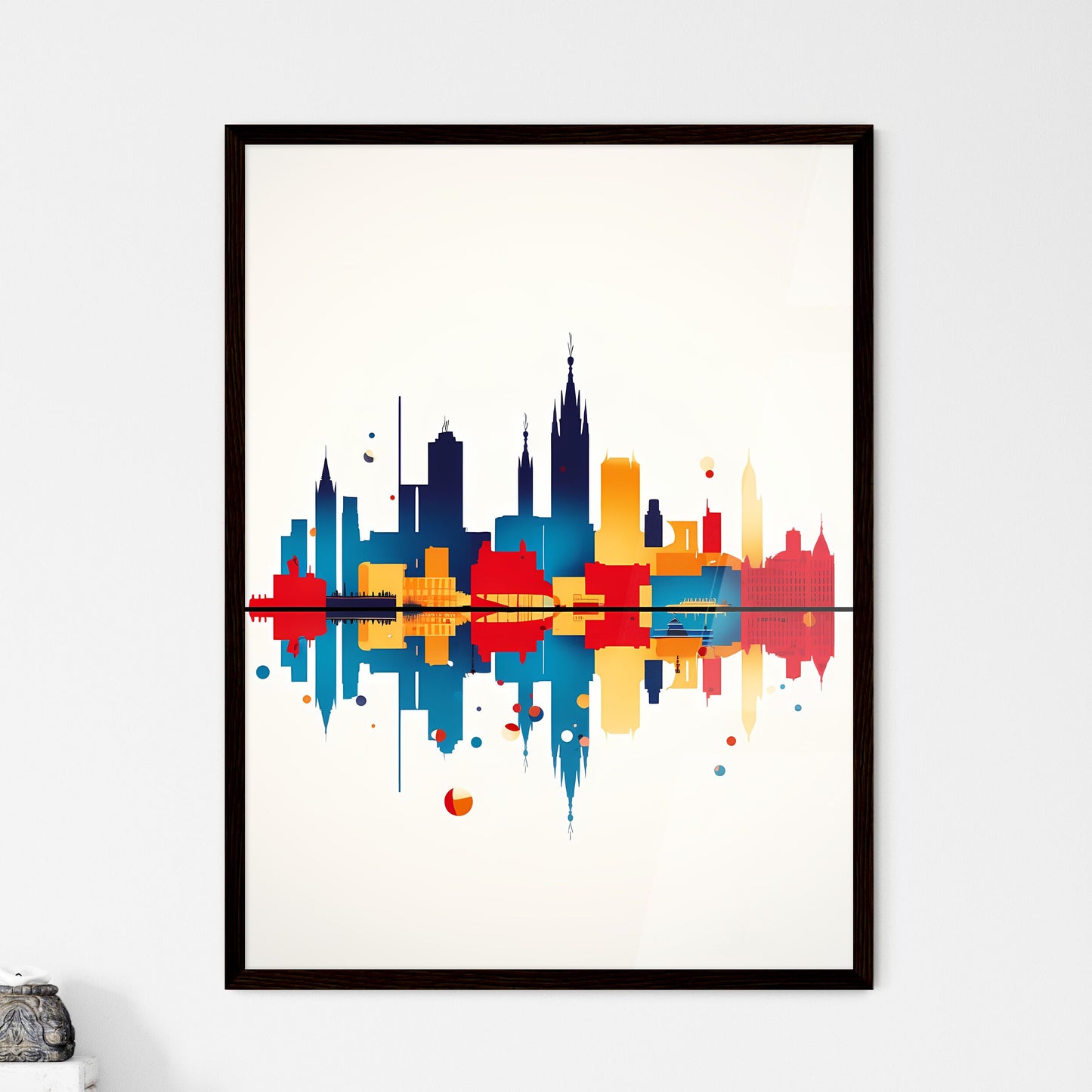 A Poster of minimalist Barcelona skyline - A Colorful City Skyline With Reflection Framed Art