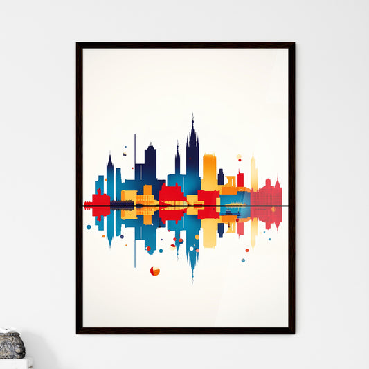 A Poster of minimalist Barcelona skyline - A Colorful City Skyline With Reflection Framed Art