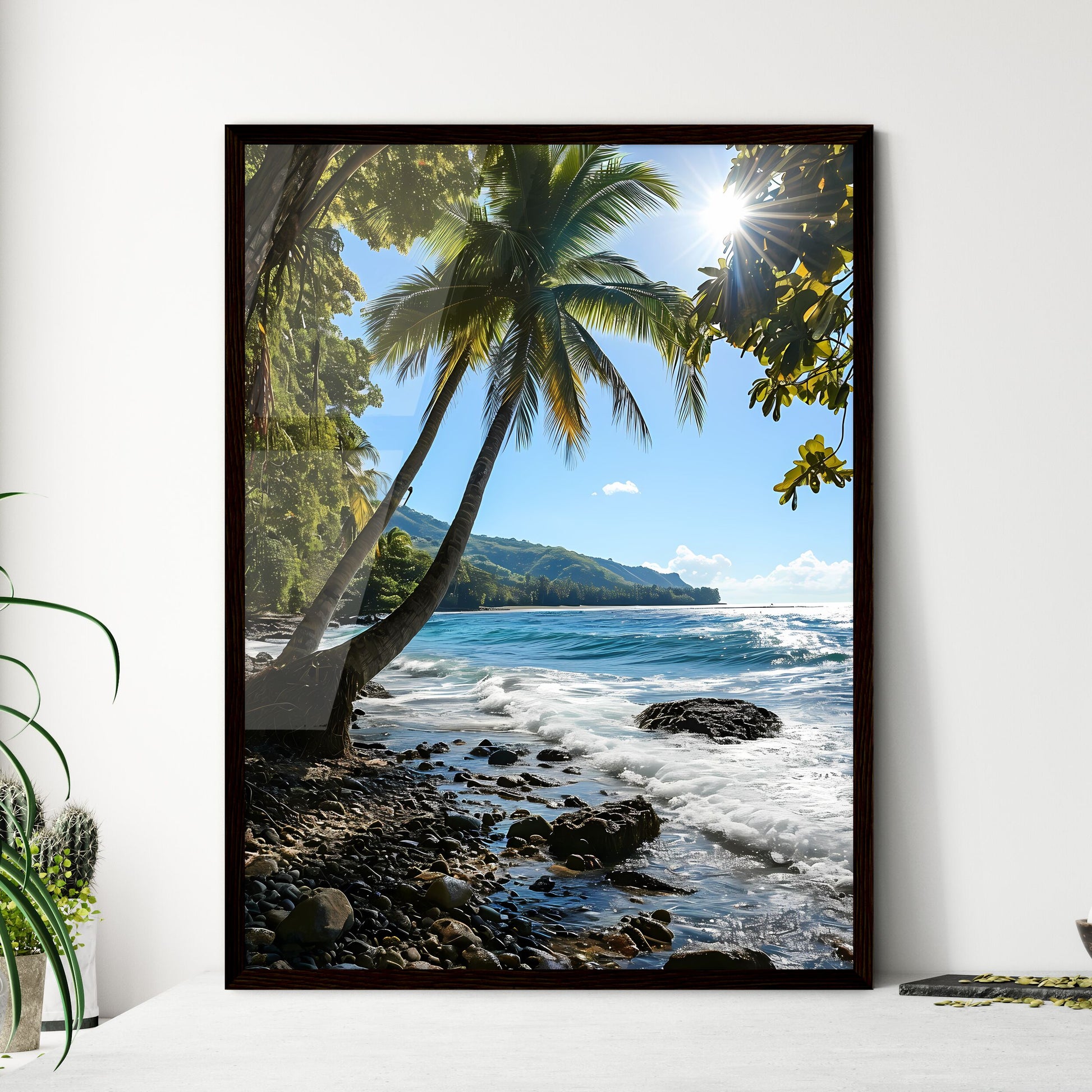 A Poster of two palm trees amidst a blue - A - Framed Art Print