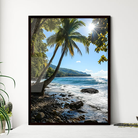 A Poster of two palm trees amidst a blue - A - Framed Art Print