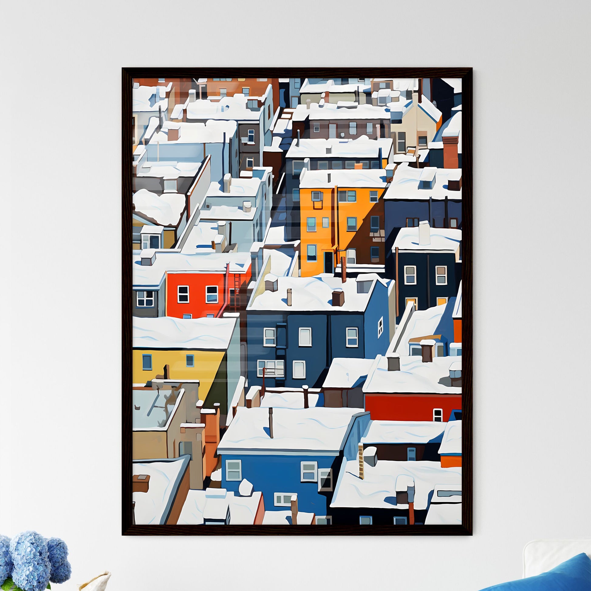 A Poster of snowy new york city roofs seen from above - A Group Of Colorful Buildings Covered In Snow Framed Art